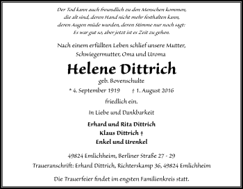 Traueranzeige von Helene Dittrich von Neue Osnabrücker Zeitung GmbH & Co. KG