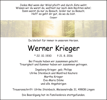 Traueranzeige von Werner Krieger von Neue Osnabrücker Zeitung GmbH & Co. KG