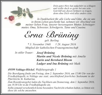 Traueranzeige von Erna Brüning von Neue Osnabrücker Zeitung GmbH & Co. KG