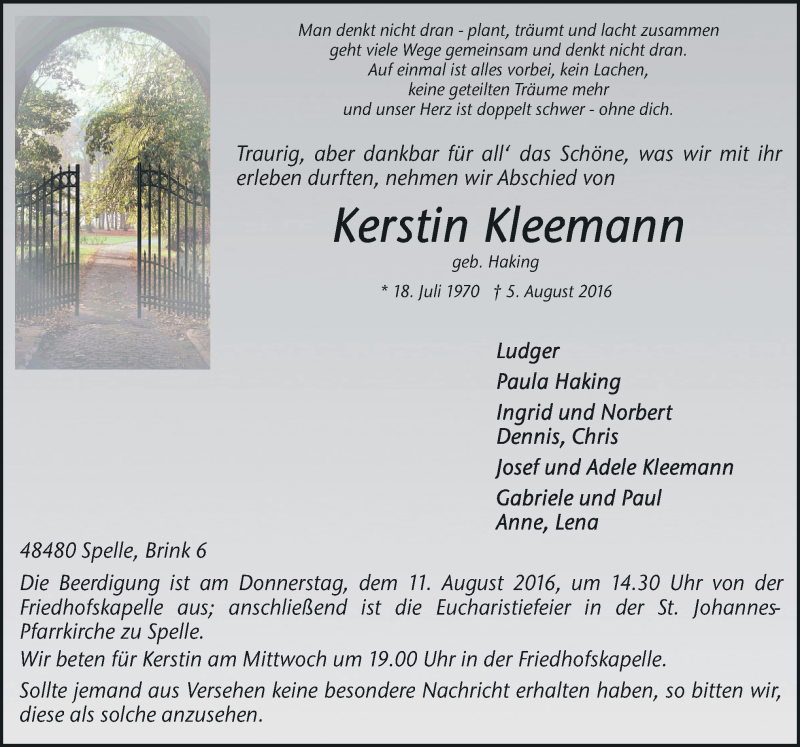  Traueranzeige für Kerstin Kleemann vom 08.08.2016 aus Neue Osnabrücker Zeitung GmbH & Co. KG