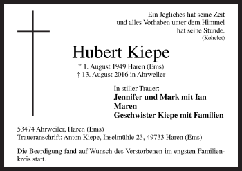 Traueranzeige von Hubert Kiepe von Neue Osnabrücker Zeitung GmbH & Co. KG