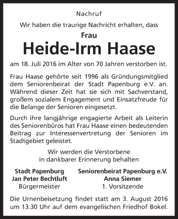 Traueranzeige von Heide-Irm Haase von Neue Osnabrücker Zeitung GmbH & Co. KG