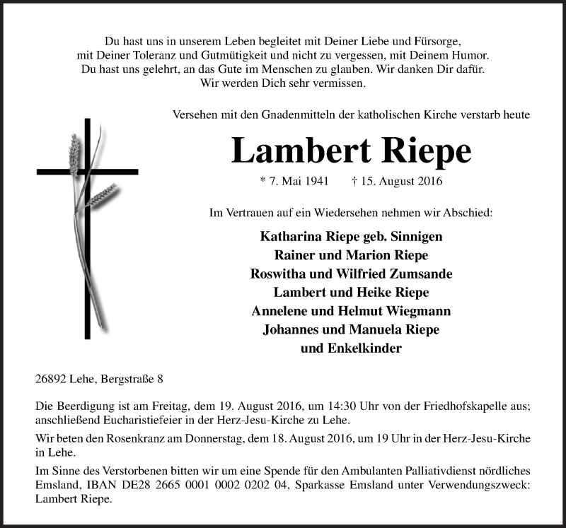  Traueranzeige für Lambert Riepe vom 17.08.2016 aus Neue Osnabrücker Zeitung GmbH & Co. KG