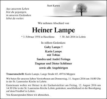 Traueranzeige von Heiner Lampe von Neue Osnabrücker Zeitung GmbH & Co. KG