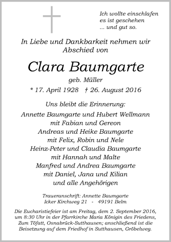 Traueranzeige von Clara Baumgarte von Neue Osnabrücker Zeitung GmbH & Co. KG