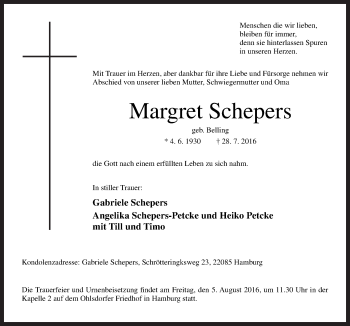 Traueranzeige von Margret Schepers von Neue Osnabrücker Zeitung GmbH & Co. KG