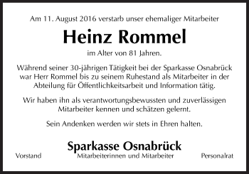 Traueranzeige von Heinz Rommel von Neue Osnabrücker Zeitung GmbH & Co. KG