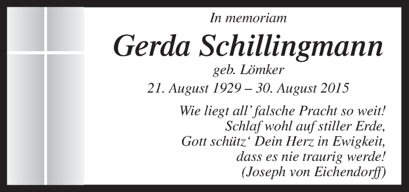  Traueranzeige für Gerda Schillingmann vom 30.08.2016 aus Neue Osnabrücker Zeitung GmbH & Co. KG