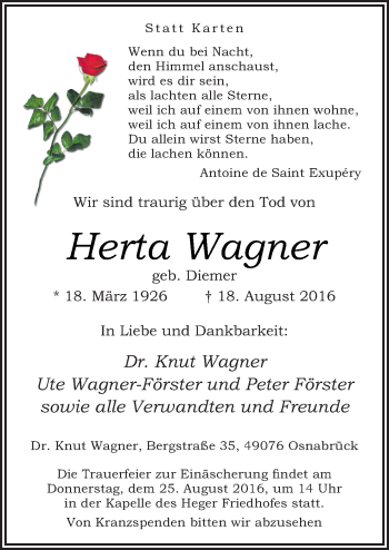 Traueranzeige von Herta Wagner von Neue Osnabrücker Zeitung GmbH & Co. KG