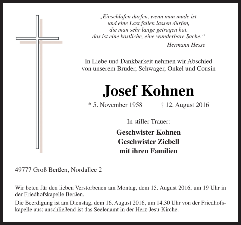  Traueranzeige für Josef Kohnen vom 15.08.2016 aus Neue Osnabrücker Zeitung GmbH & Co. KG