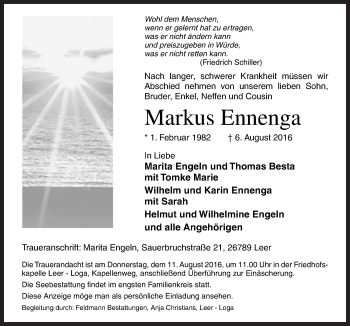 Traueranzeige von Markus Ennenga von Neue Osnabrücker Zeitung GmbH & Co. KG