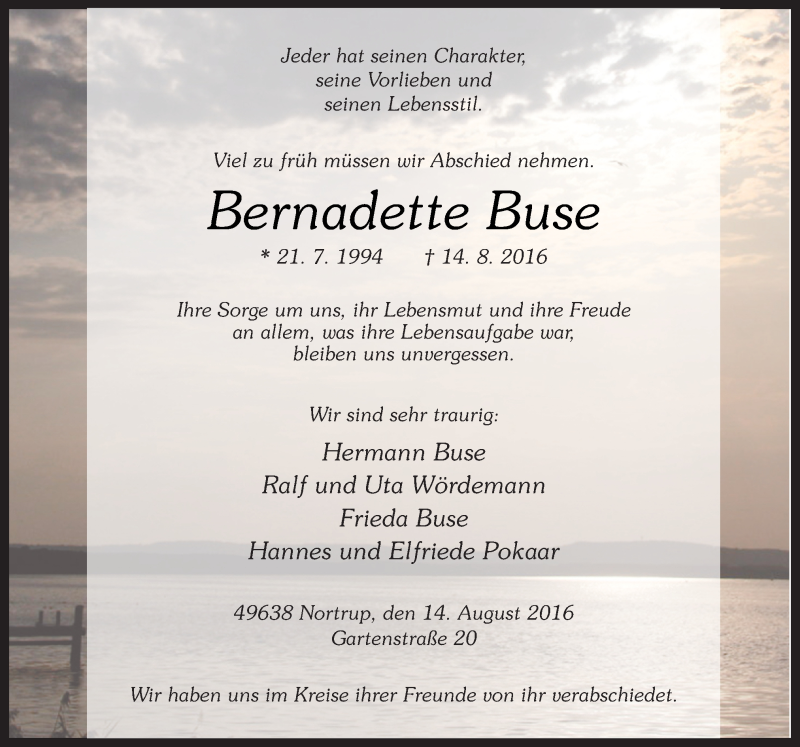  Traueranzeige für Bernadette Buse vom 20.08.2016 aus Neue Osnabrücker Zeitung GmbH & Co. KG