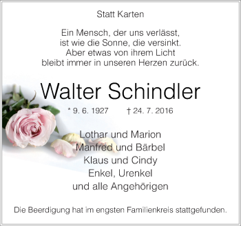 Traueranzeige von Walter Schindler von Neue Osnabrücker Zeitung GmbH & Co. KG