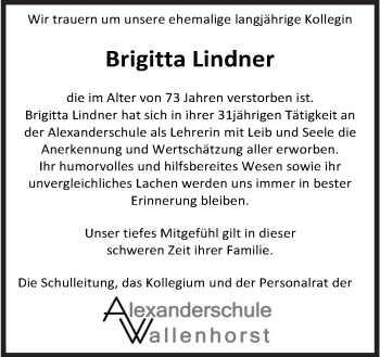 Traueranzeige von Brigitta Lindner von Neue Osnabrücker Zeitung GmbH & Co. KG