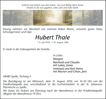 Traueranzeige von Hubert Thale von Neue Osnabrücker Zeitung GmbH & Co. KG