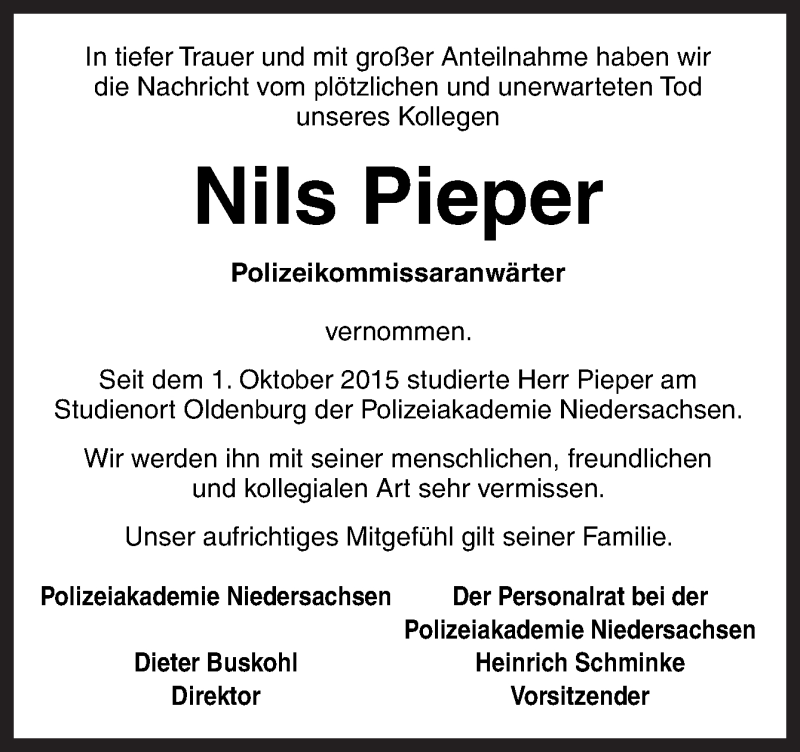  Traueranzeige für Nils Pieper vom 04.08.2016 aus Neue Osnabrücker Zeitung GmbH & Co. KG