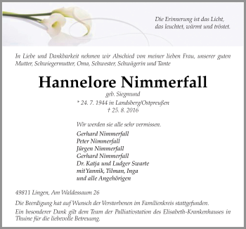 Traueranzeige von Hannelore Nimmerfall von Neue Osnabrücker Zeitung GmbH & Co. KG
