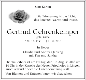 Traueranzeige von Gertrud Gehrenkemper von Neue Osnabrücker Zeitung GmbH & Co. KG