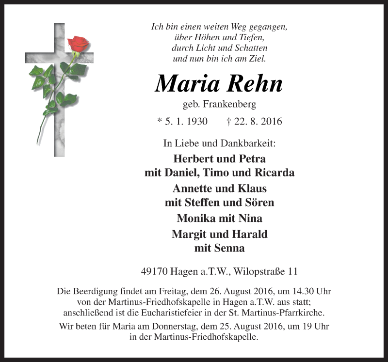  Traueranzeige für Maria Rehn vom 24.08.2016 aus Neue Osnabrücker Zeitung GmbH & Co. KG