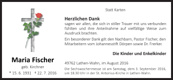 Traueranzeige von Maria Fischer von Neue Osnabrücker Zeitung GmbH & Co. KG
