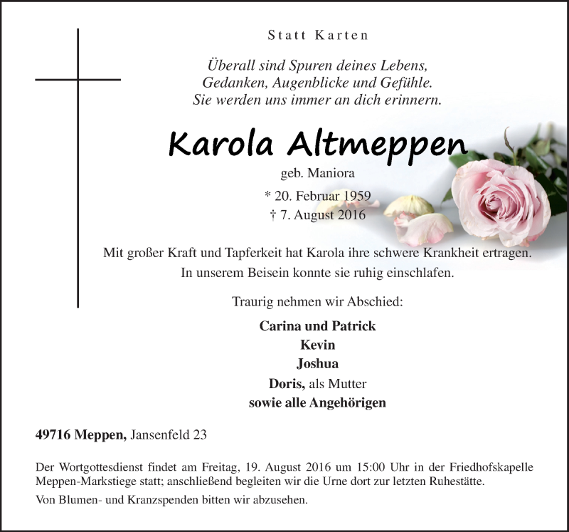  Traueranzeige für Karola Altmeppen vom 13.08.2016 aus Neue Osnabrücker Zeitung GmbH & Co. KG