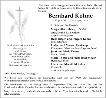 Traueranzeige von Bernhard Kohne von Neue Osnabrücker Zeitung GmbH & Co. KG