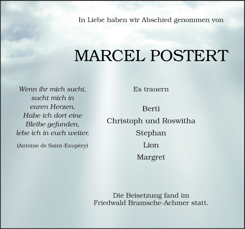  Traueranzeige für Marcel Postert vom 01.08.2016 aus Neue Osnabrücker Zeitung GmbH & Co. KG