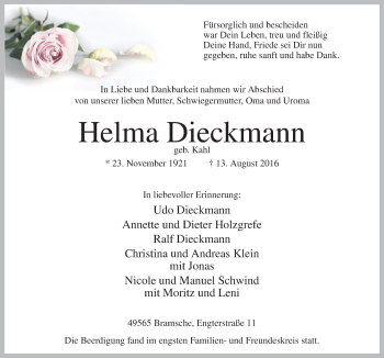 Traueranzeige von Helma Dieckmann von Neue Osnabrücker Zeitung GmbH & Co. KG