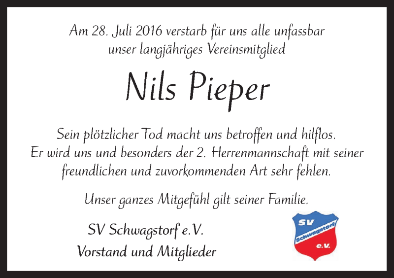  Traueranzeige für Nils Pieper vom 13.08.2016 aus Neue Osnabrücker Zeitung GmbH & Co. KG
