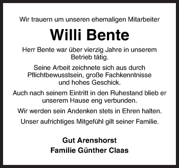 Traueranzeige von Willi Bente von Neue Osnabrücker Zeitung GmbH & Co. KG