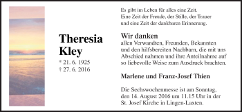 Traueranzeige von Theresia Kley von Neue Osnabrücker Zeitung GmbH & Co. KG