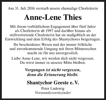 Traueranzeige von Anne-Lene Thies von Neue Osnabrücker Zeitung GmbH & Co. KG