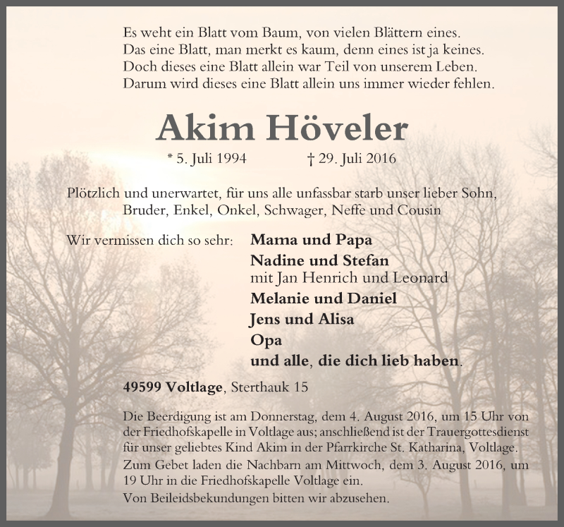  Traueranzeige für Akim Höveler vom 02.08.2016 aus Neue Osnabrücker Zeitung GmbH & Co. KG