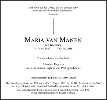 Traueranzeige von Maria van Manen von Neue Osnabrücker Zeitung GmbH & Co. KG