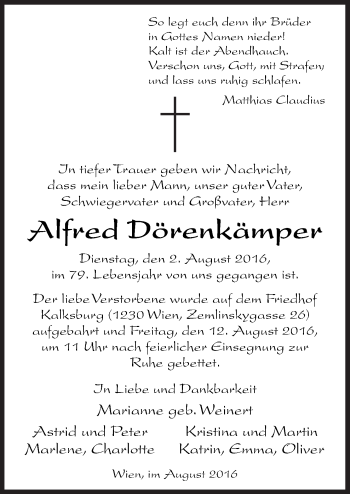 Traueranzeige von Alfred Dörenkämper von Neue Osnabrücker Zeitung GmbH & Co. KG