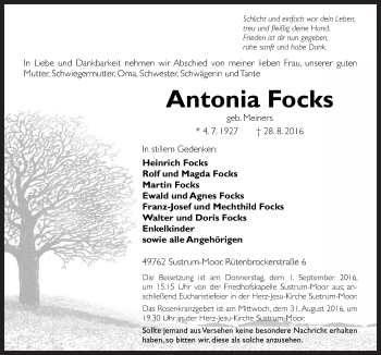 Traueranzeige von Antonia Focks von Neue Osnabrücker Zeitung GmbH & Co. KG