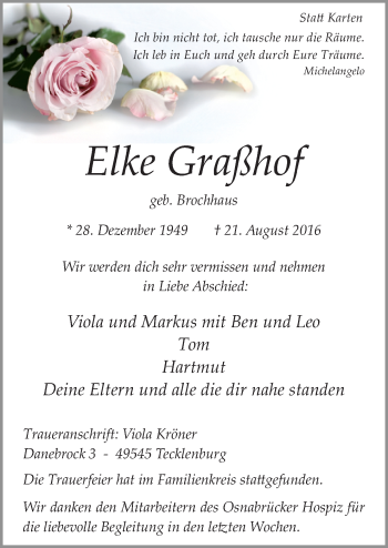 Traueranzeige von Elke Graßhof von Neue Osnabrücker Zeitung GmbH & Co. KG