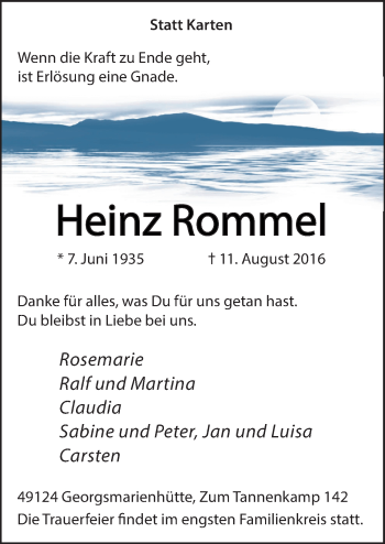 Traueranzeige von Heinz Rommel von Neue Osnabrücker Zeitung GmbH & Co. KG