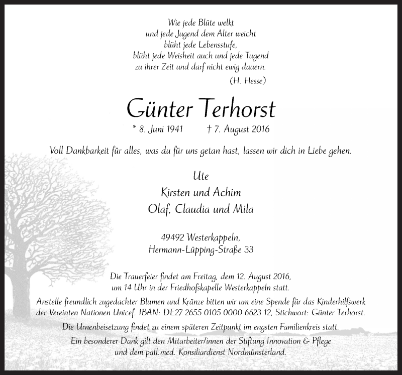  Traueranzeige für Günter Terhorst vom 10.08.2016 aus Neue Osnabrücker Zeitung GmbH & Co. KG