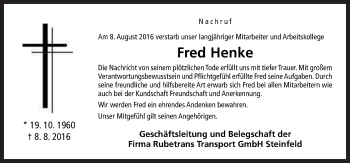 Traueranzeige von Fred Henke von Neue Osnabrücker Zeitung GmbH & Co. KG