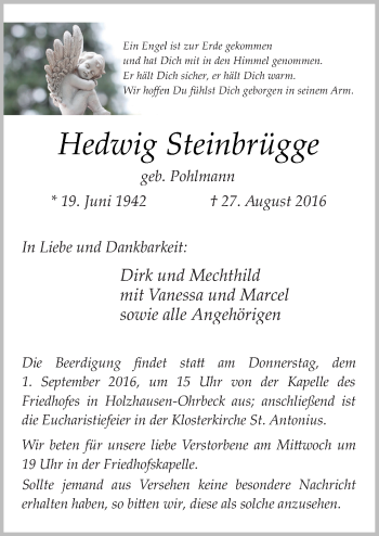 Traueranzeige von Hedwig Steinbrügge von Neue Osnabrücker Zeitung GmbH & Co. KG