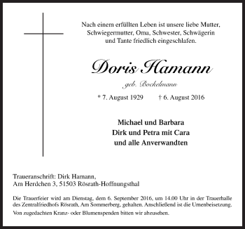 Traueranzeige von Doris Hamann von Neue Osnabrücker Zeitung GmbH & Co. KG