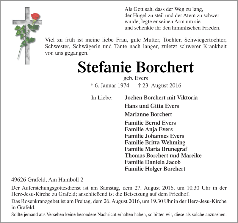  Traueranzeige für Stefanie Borchert vom 25.08.2016 aus Neue Osnabrücker Zeitung GmbH & Co. KG