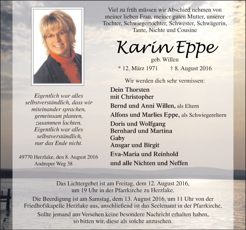  Traueranzeige für Karin Eppe vom 11.08.2016 aus Neue Osnabrücker Zeitung GmbH & Co. KG