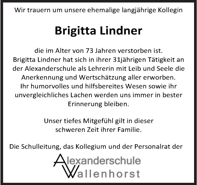  Traueranzeige für Brigitta Lindner vom 31.08.2016 aus Neue Osnabrücker Zeitung GmbH & Co. KG