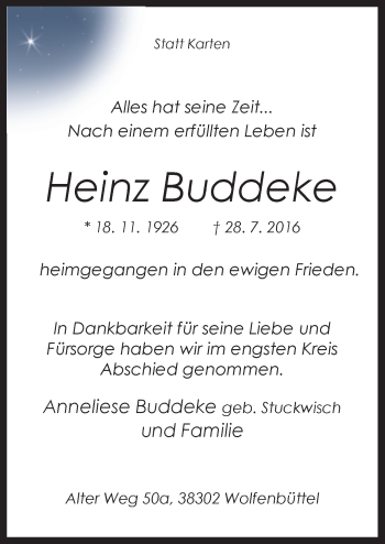 Traueranzeige von Heinz Buddeke von Neue Osnabrücker Zeitung GmbH & Co. KG