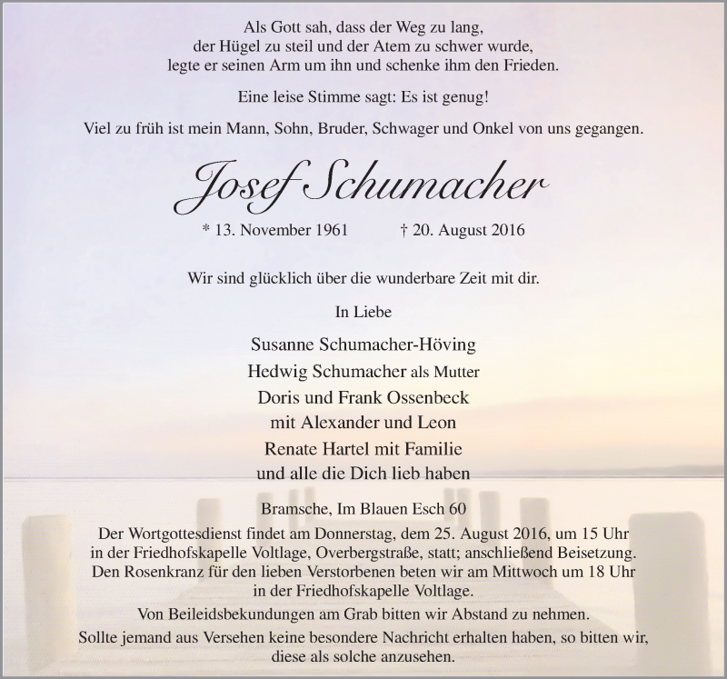  Traueranzeige für Josef Schumacher vom 24.08.2016 aus Neue Osnabrücker Zeitung GmbH & Co. KG