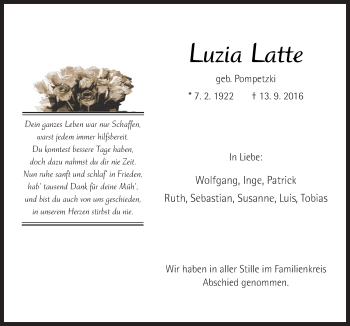 Traueranzeige von Luzia Latte von Neue Osnabrücker Zeitung GmbH & Co. KG