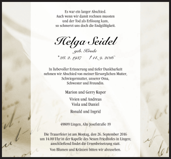 Traueranzeige von Helga Seidel von Neue Osnabrücker Zeitung GmbH & Co. KG