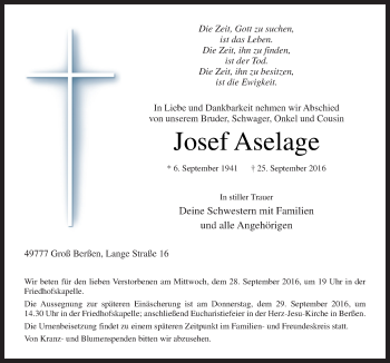 Traueranzeige von Josef Aselage von Neue Osnabrücker Zeitung GmbH & Co. KG